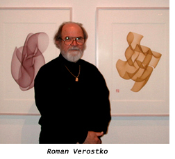 Verostko standing in front of his Cyberflowers prints